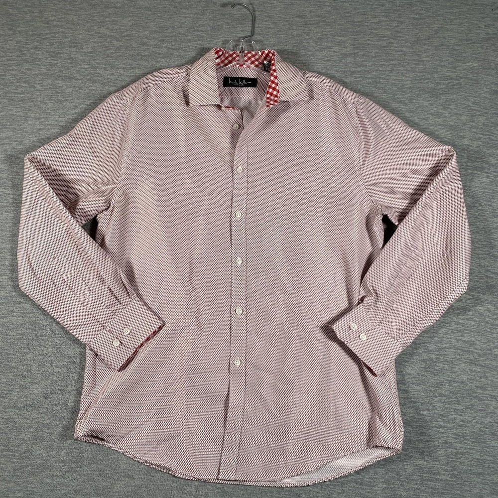 Nicole Miller New York Shirt Mens Medium Red Geometric Spread Collar Long Sleeve